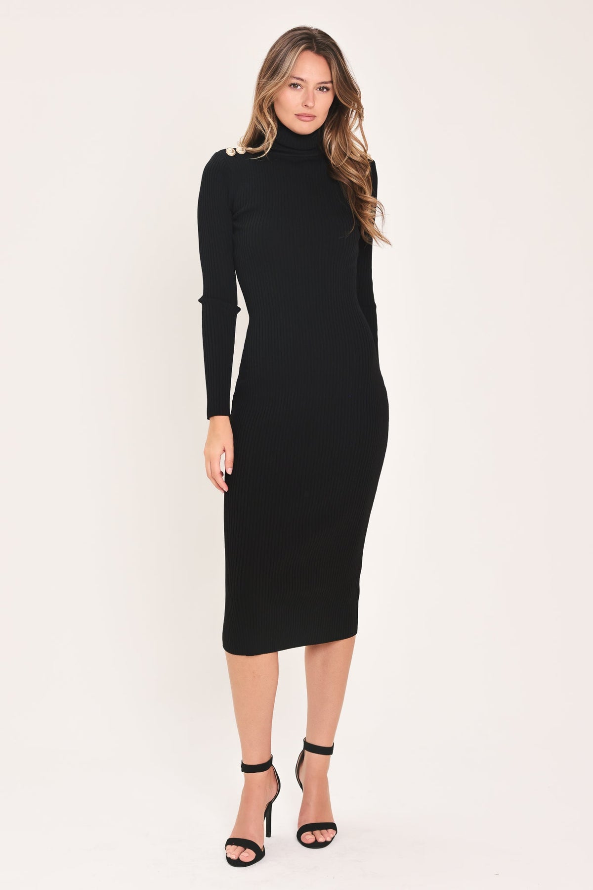 Black ribbed knit turtleneck midi sweater dress with long sleeves