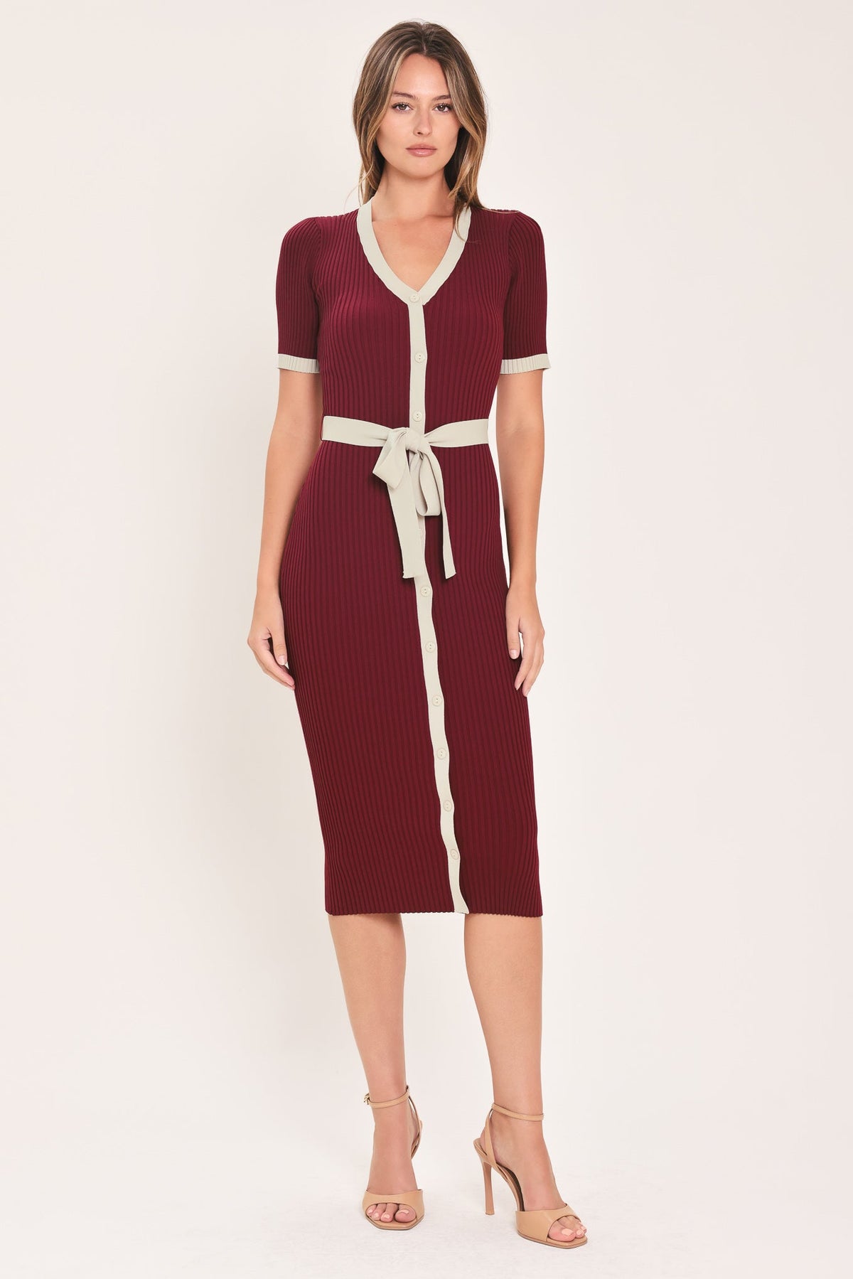 Burgundy ribbed knit button-down midi dress with cream trim V-neck and belt tie