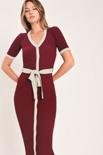 Burgundy ribbed knit button-down midi dress with cream V-neck trim and waist tie