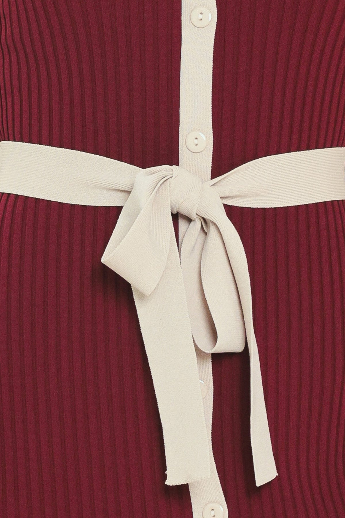 Belt detail on burgundy ribbed knit midi dress with cream waist tie and button placket