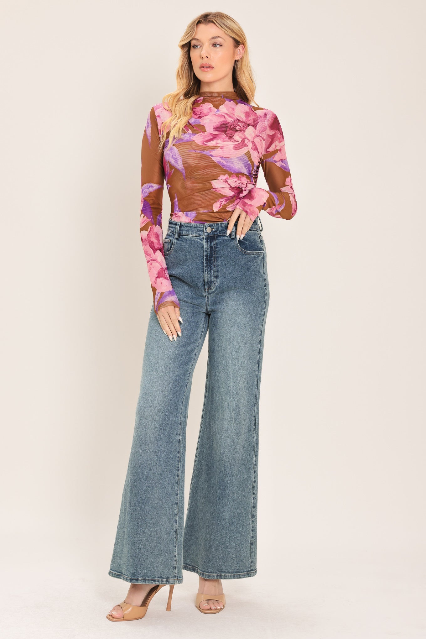 Floral mesh power top with long sleeves and high neckline, brown with pink/purple blooms