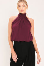 Burgundy sheer drape halter woven top with gathered neckline and tied bow detail