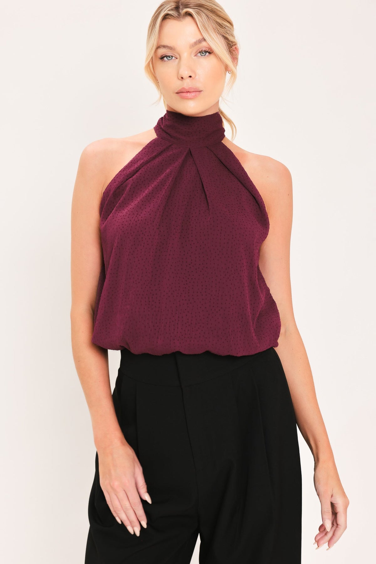 Burgundy sheer drape halter woven top with gathered neckline and tied bow detail
