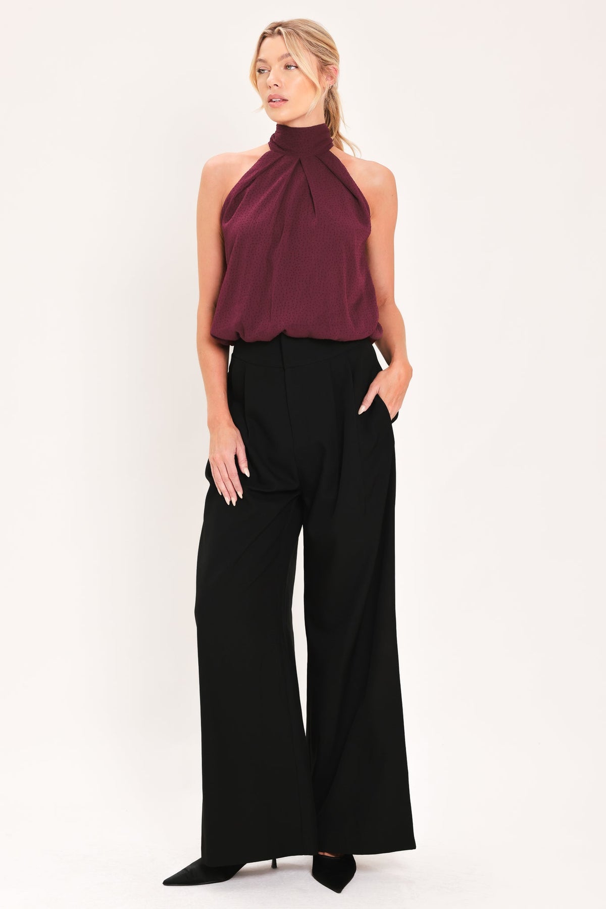 Burgundy halter neck draped woven top with high neckline and relaxed flowing fit