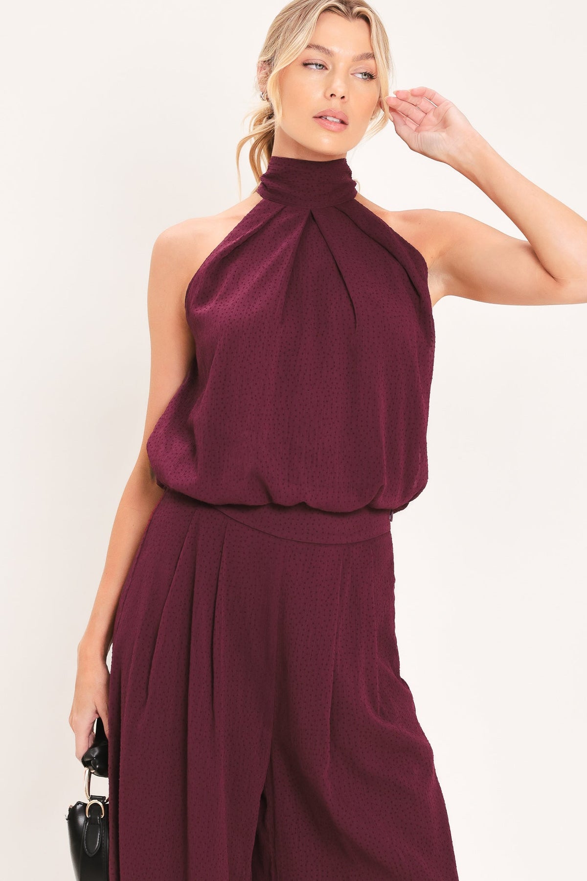 Burgundy sheer halter woven top with gathered neck and flowing draped body