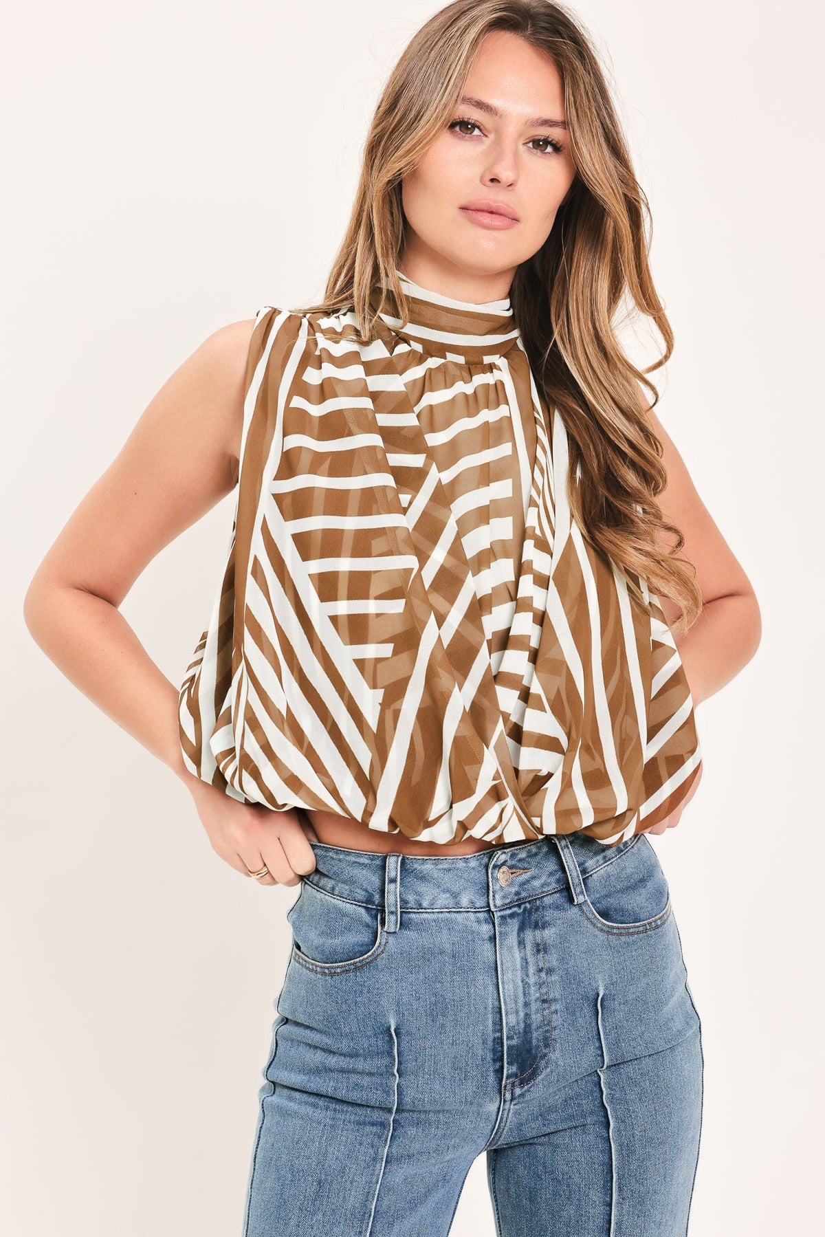Mocha striped woven sleeveless top with high neck and gathered front