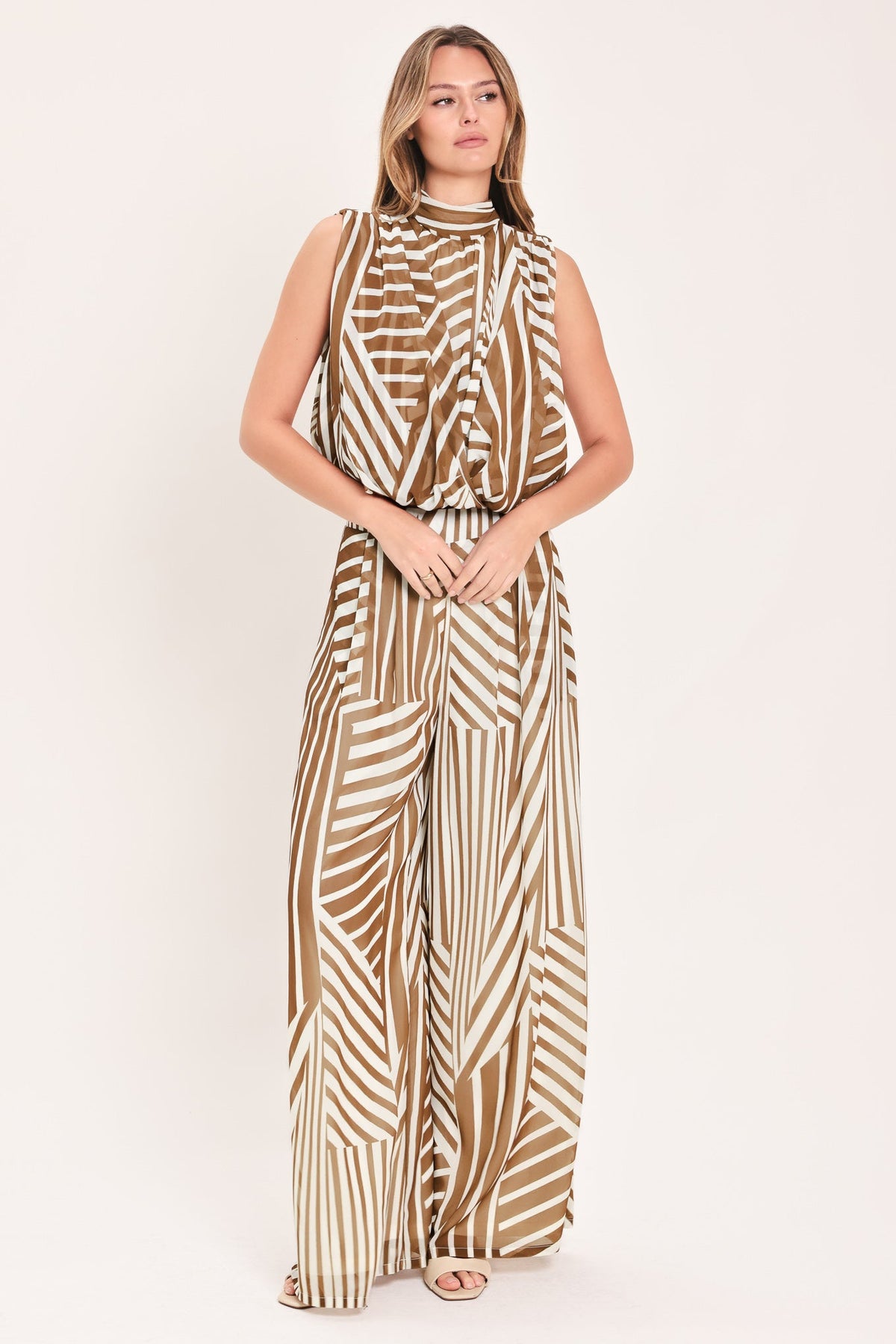 Mocha striped woven sleeveless top with high neck and bow-tie back