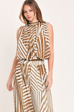 Mocha and cream striped woven sleeveless top with high neck and waist tie