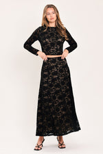 Black floral lace long-sleeve crop top with high neckline and fitted cropped hem