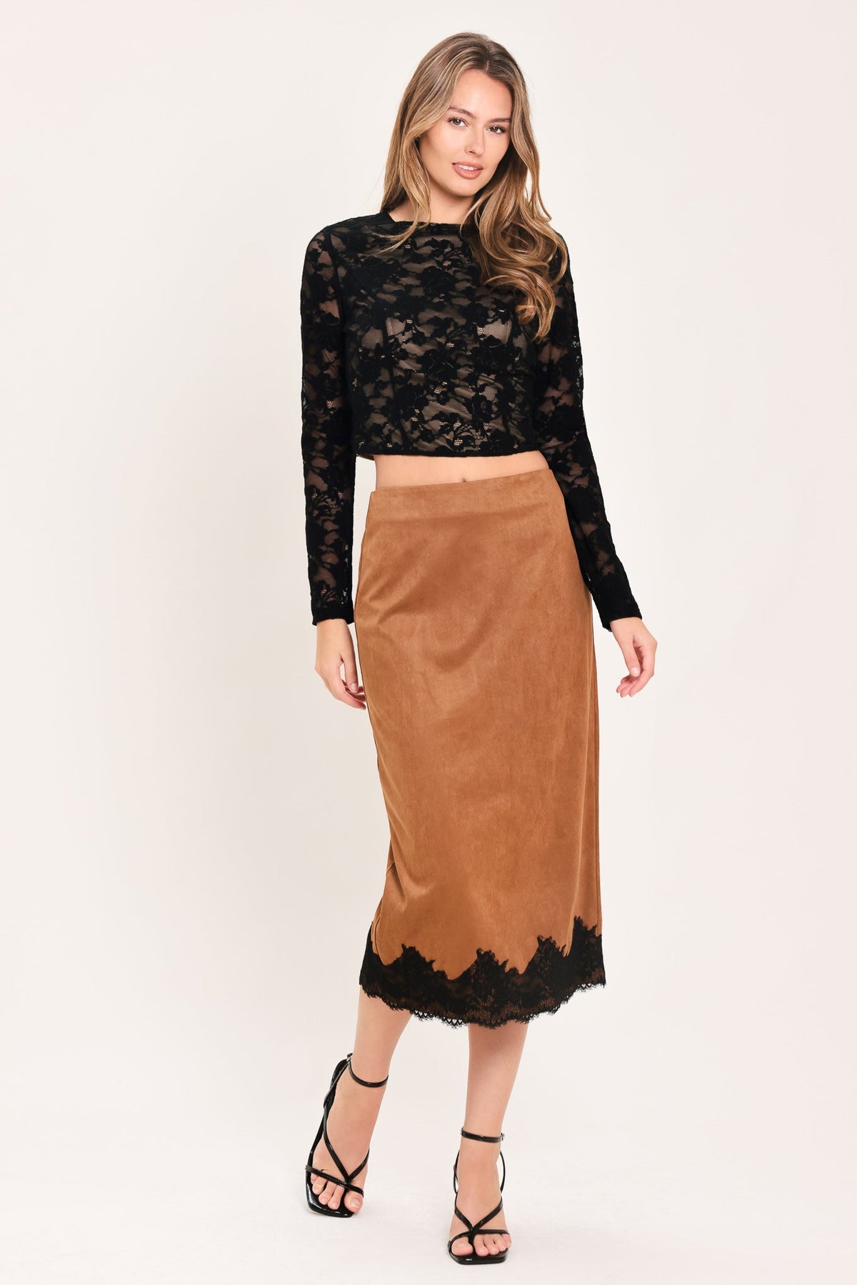 Black floral lace long-sleeve crop top with high neckline and scalloped hem edge