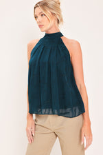 Teal sleeveless halter neck woven jacquard top with high neckline and pleated front