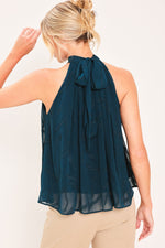 Teal sleeveless halter neck woven jacquard top with tie keyhole back detail