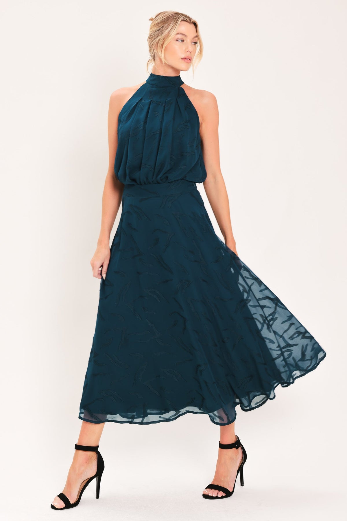Teal halter neck woven jacquard top with gathered front and flowy hem