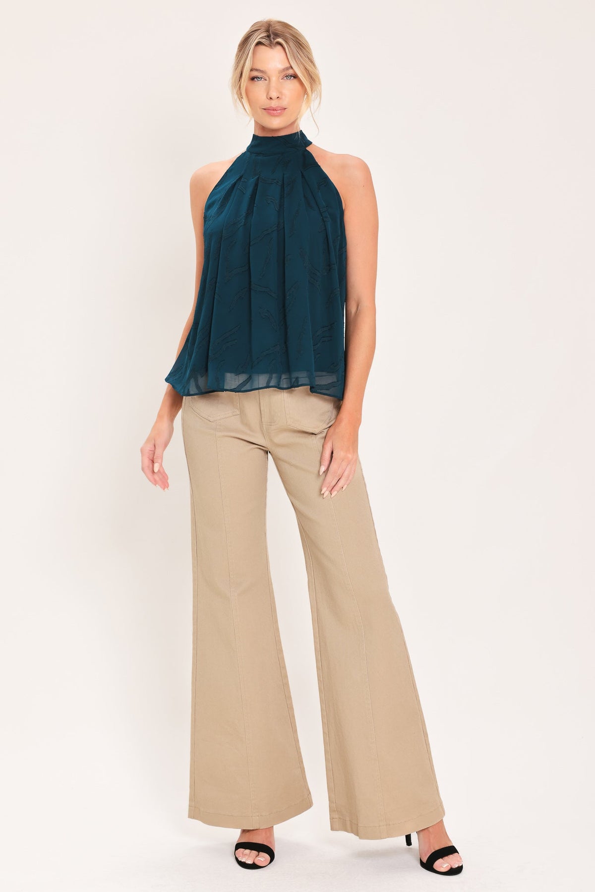 Teal sleeveless halter neck woven jacquard top with gathered high neckline