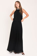 Black halter top and wide-leg pants set with rhinestone embellished neckline
