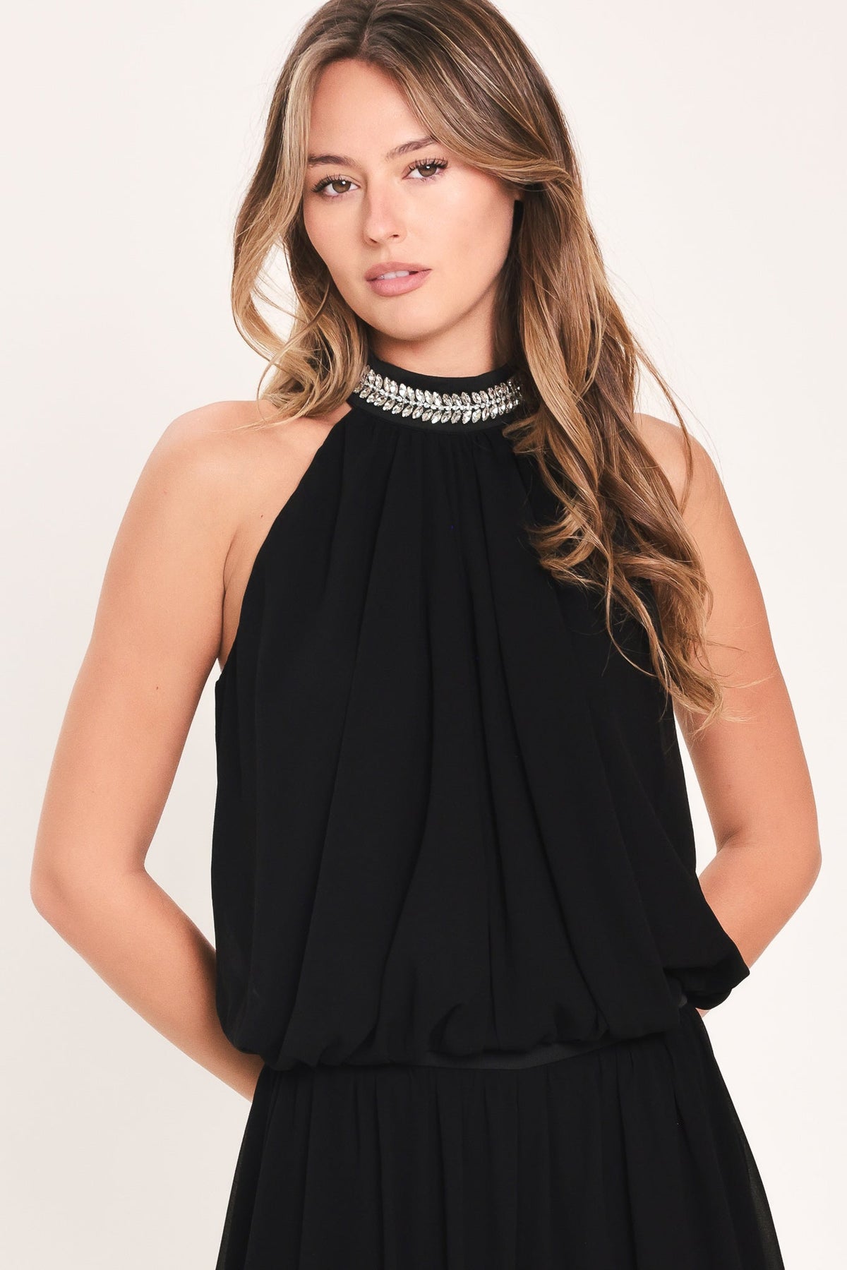 Black halter top and wide-leg pants set, rhinestone choker neckline detail