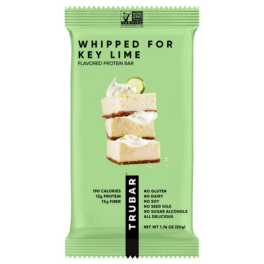 Key lime flavored protein bar package, green wrapper with stacked dessert graphic