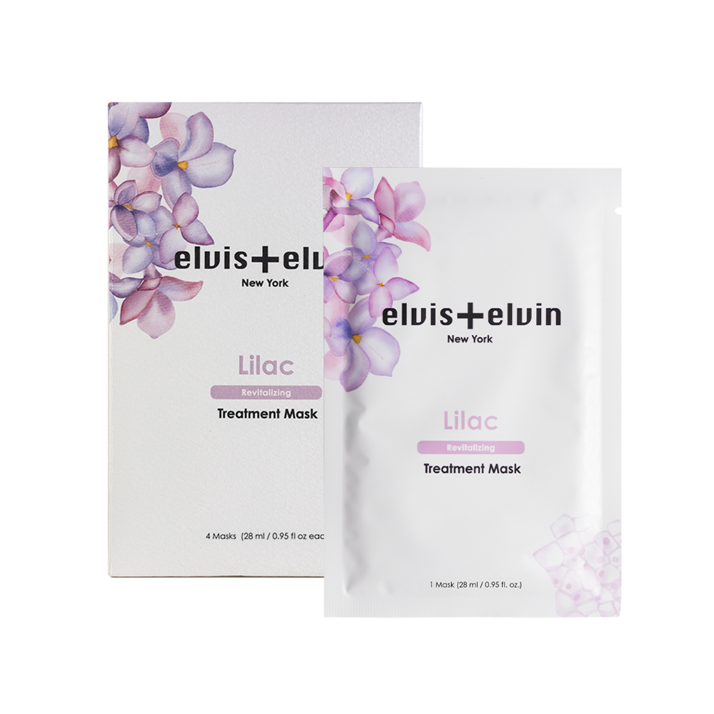 Elvis+elvin Lilac Revitalizing Treatment Mask box and sachet pack
