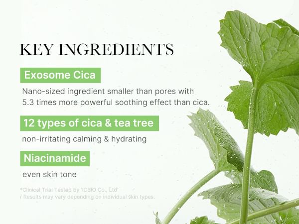 Serum key ingredients infographic with cica leaf, green and white text
