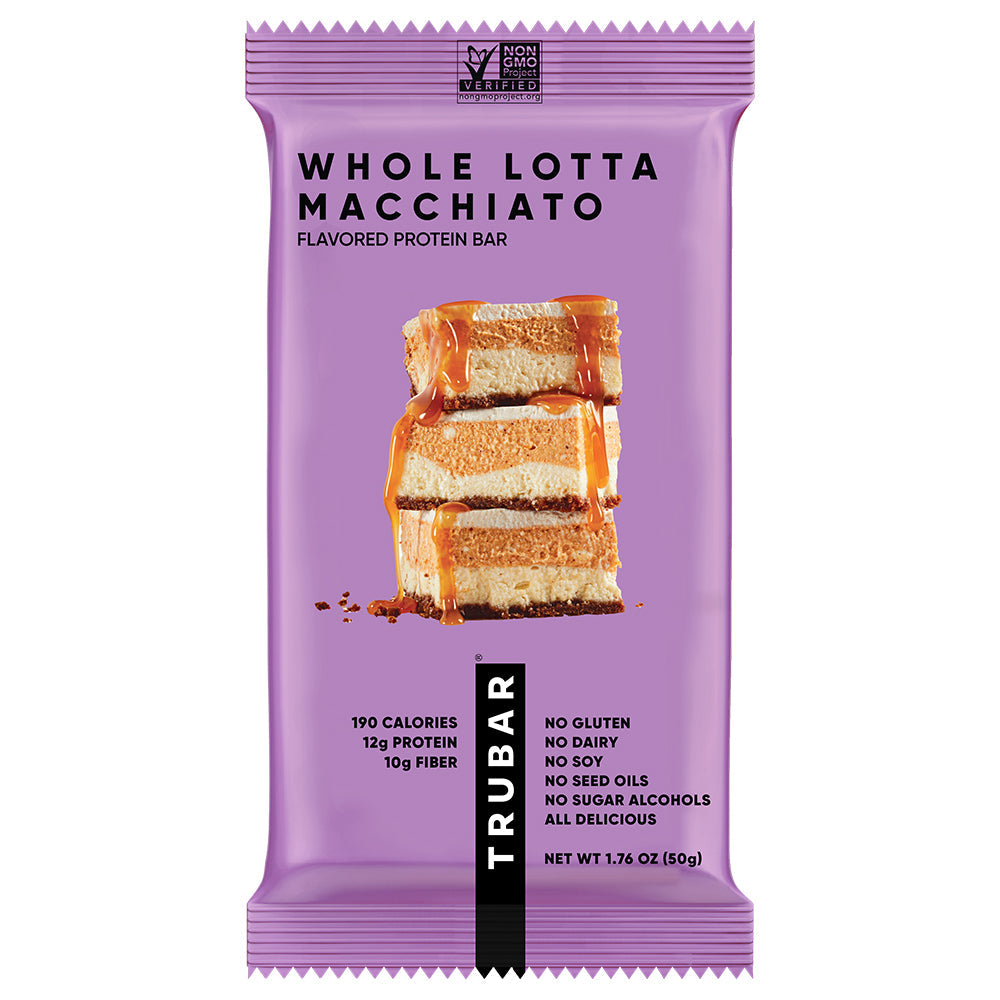 Purple flavored protein bar pouch with coffee cake slice graphic