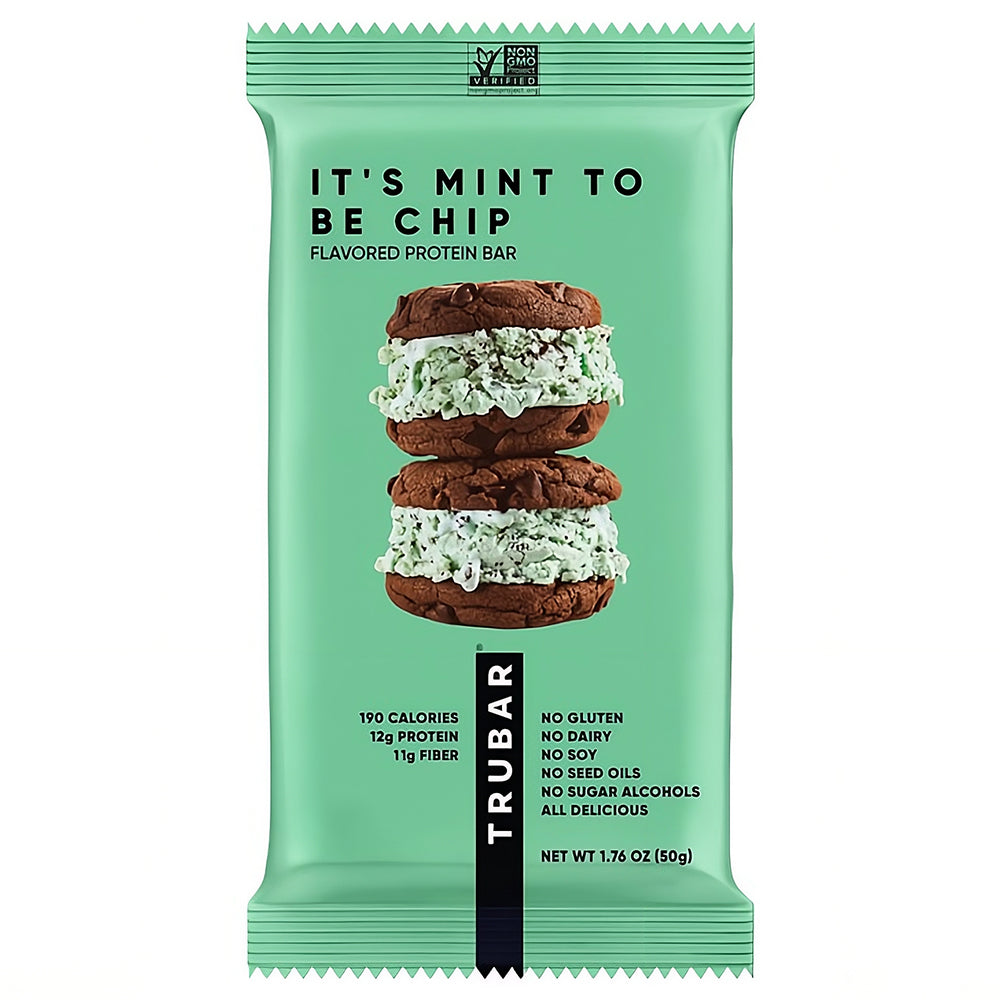 Mint green TRU BAR protein bar with stacked chocolate and mint filling on front