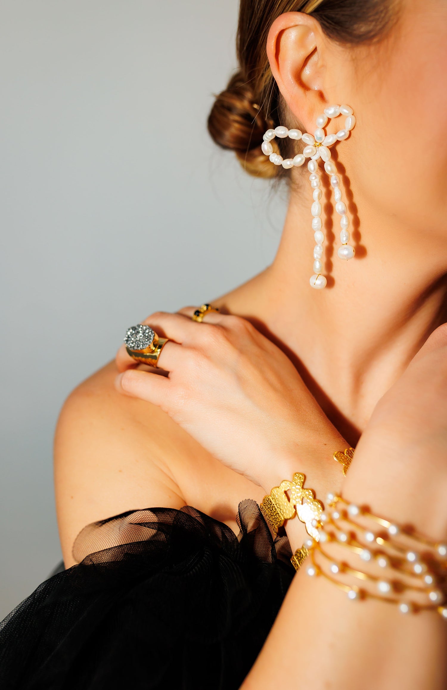 Pearl bow drop earrings with white bow and long pearl tassels