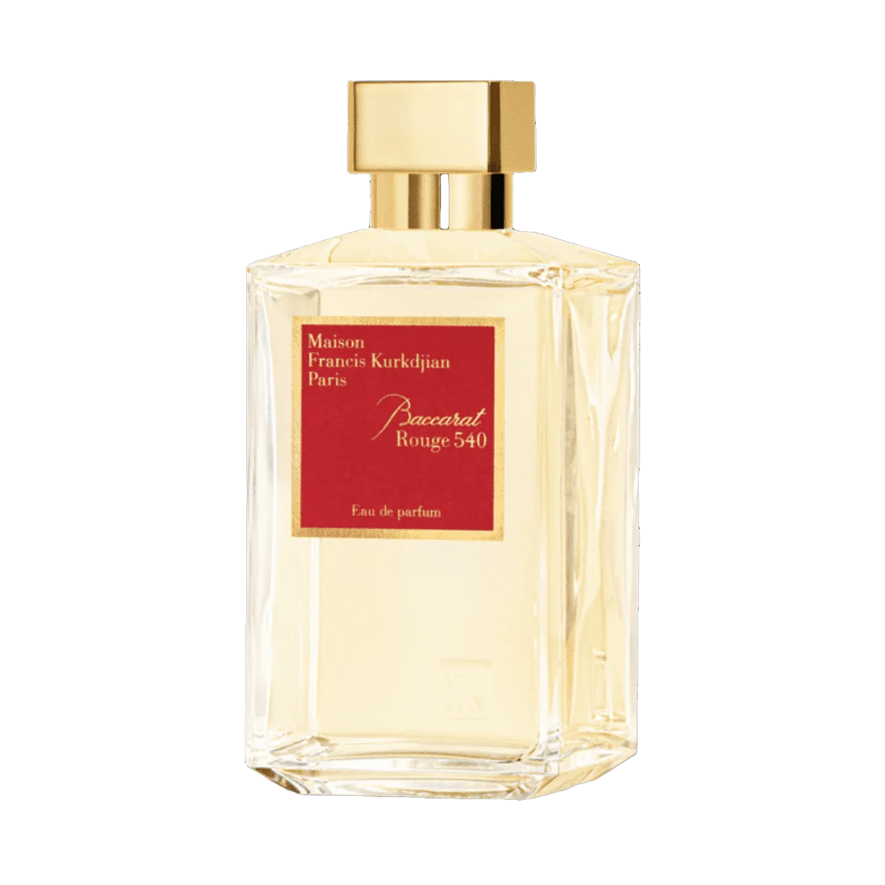 Amber eau de parfum bottle with gold cap and Baccarat Rouge 540 red label