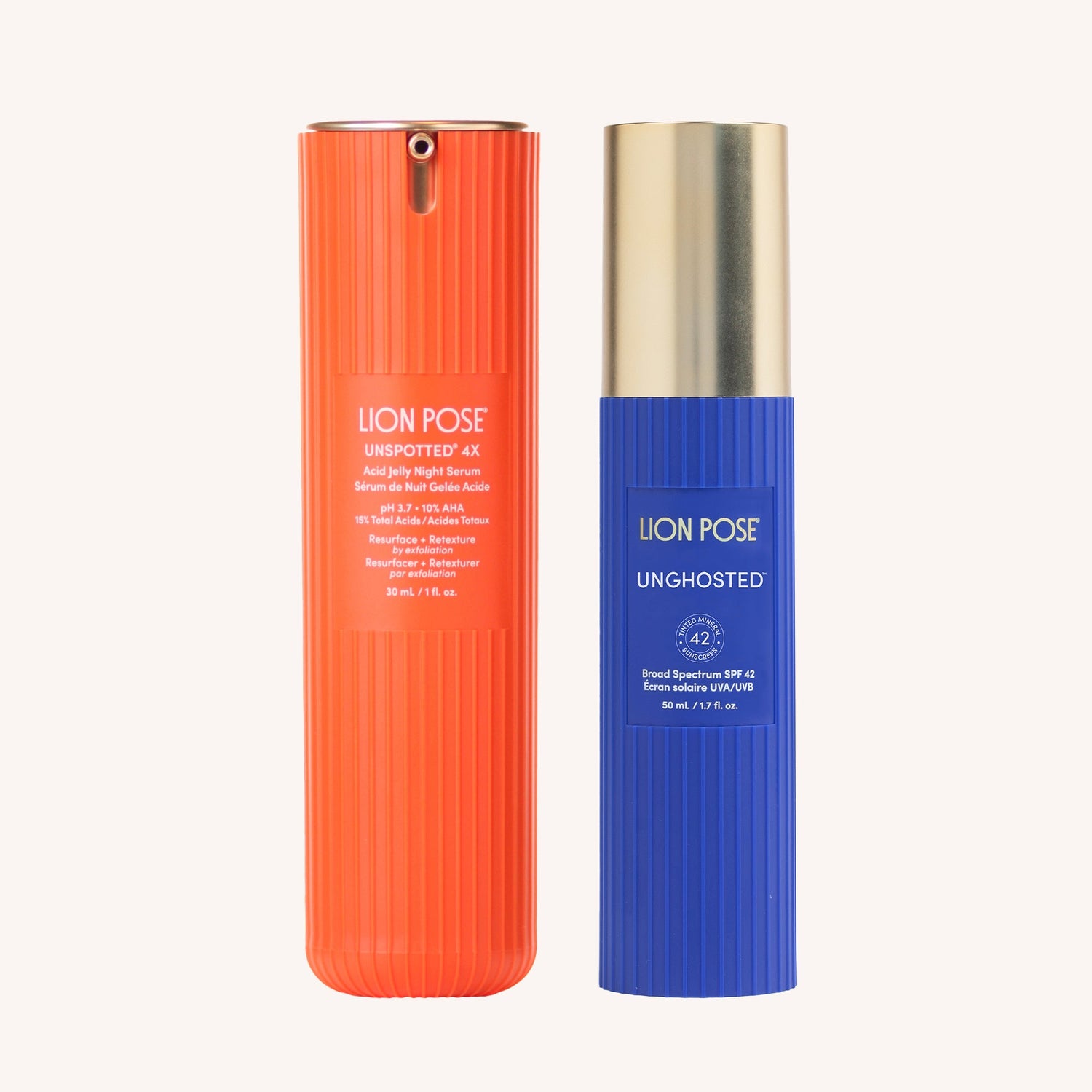 Skin-care serum and tinted SPF bottles with ribbed orange and blue caps