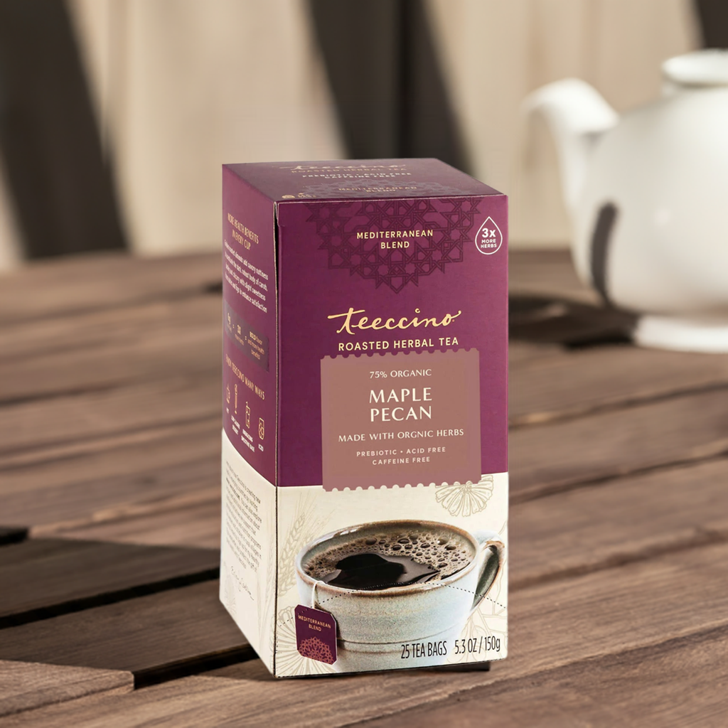 Teecino roasted herbal tea box, Maple Pecan prebiotic, caffeine-free on wooden table.