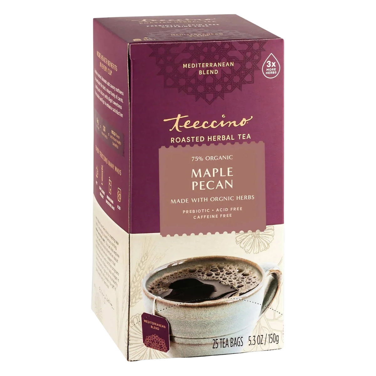 Teecino roasted herbal tea box side with cup graphic, Maple Pecan, caffeine-free.