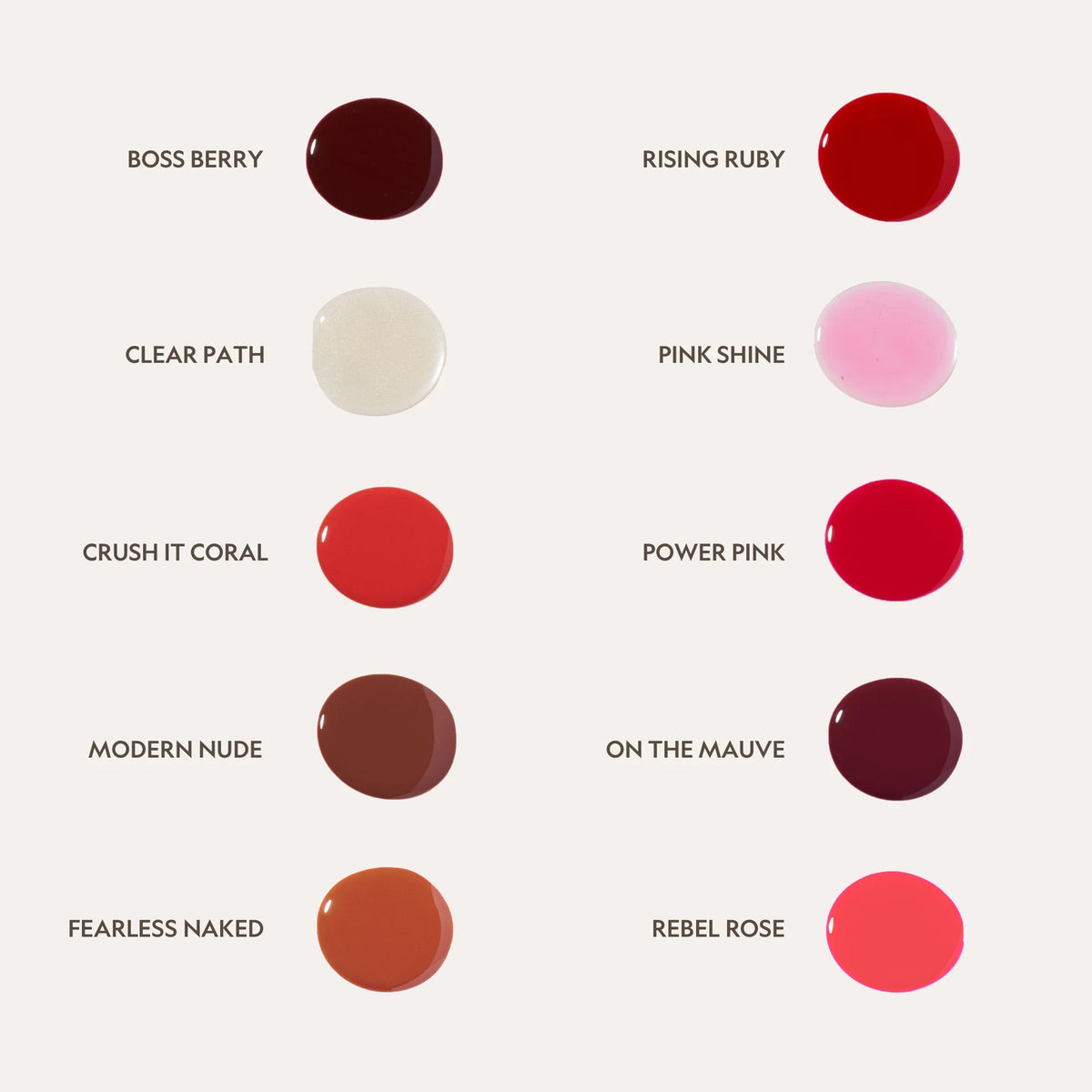 YENSA lip nourishing oil color swatches in multiple shades, from nude to red