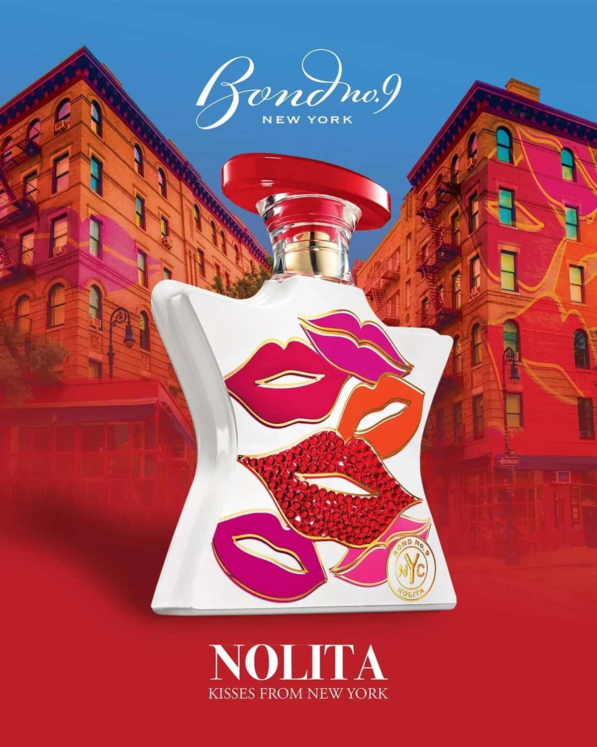 White perfume bottle with red cap, lip-print label and gold NYC seal