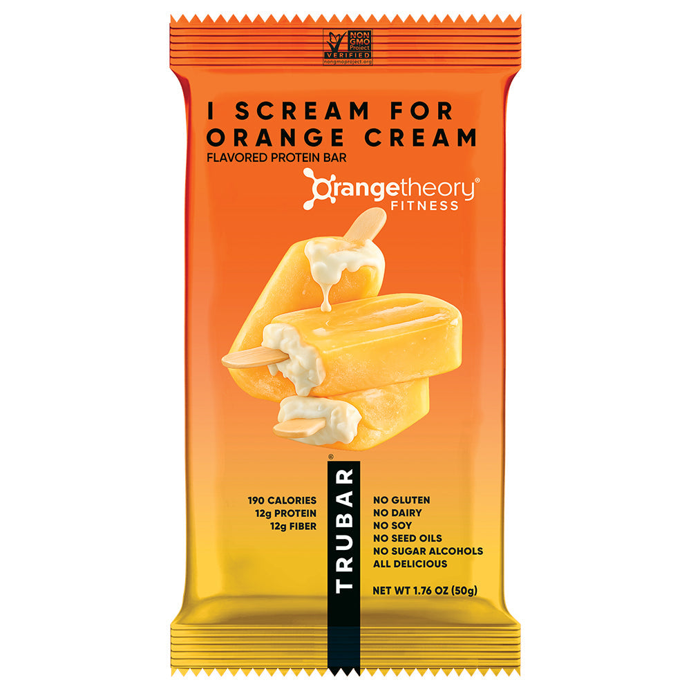 Orange TRUBAR 'I Scream for Orange Cream' protein bar wrapper with ice-cream graphic