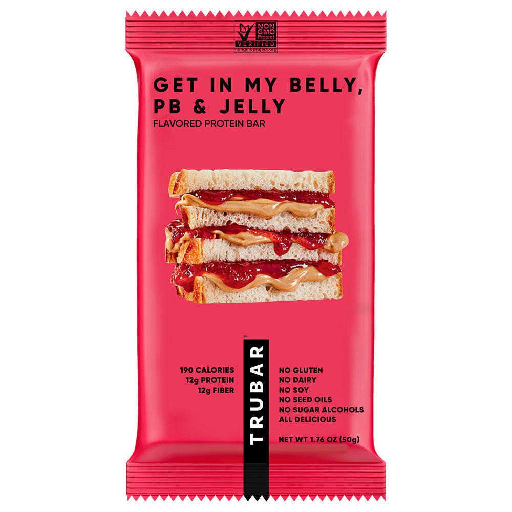 Plant-based protein bar package, pink with sandwich photo and TruBar branding