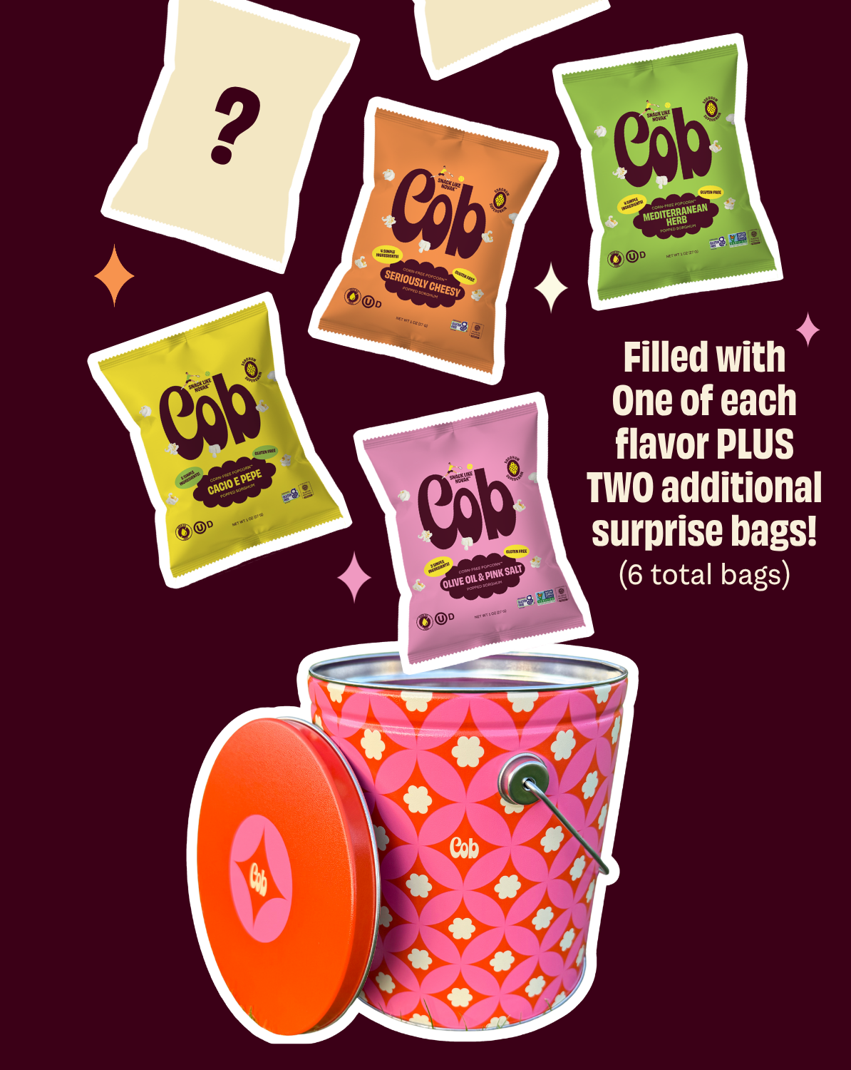 Pop of Joy tin with lid open and colorful flavor snack bags shown