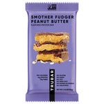Purple peanut butter protein bar pouch with stacked bar graphic