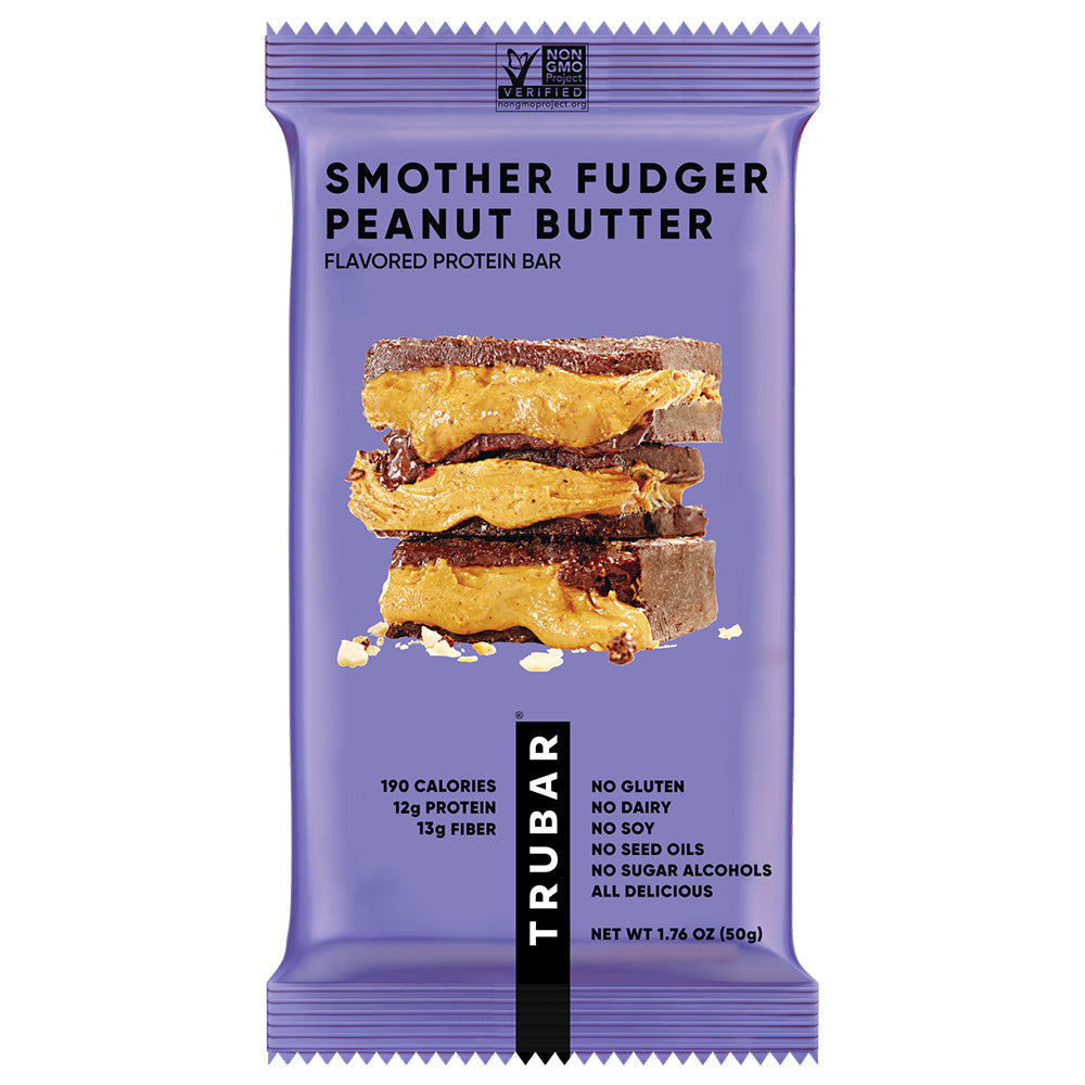 Purple peanut butter protein bar pouch with stacked bar graphic