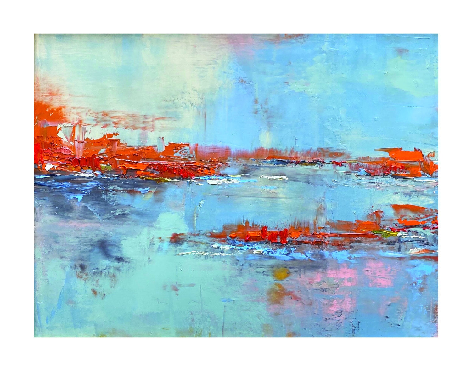 Limited edition art print with blue and orange abstract landscape and water reflection