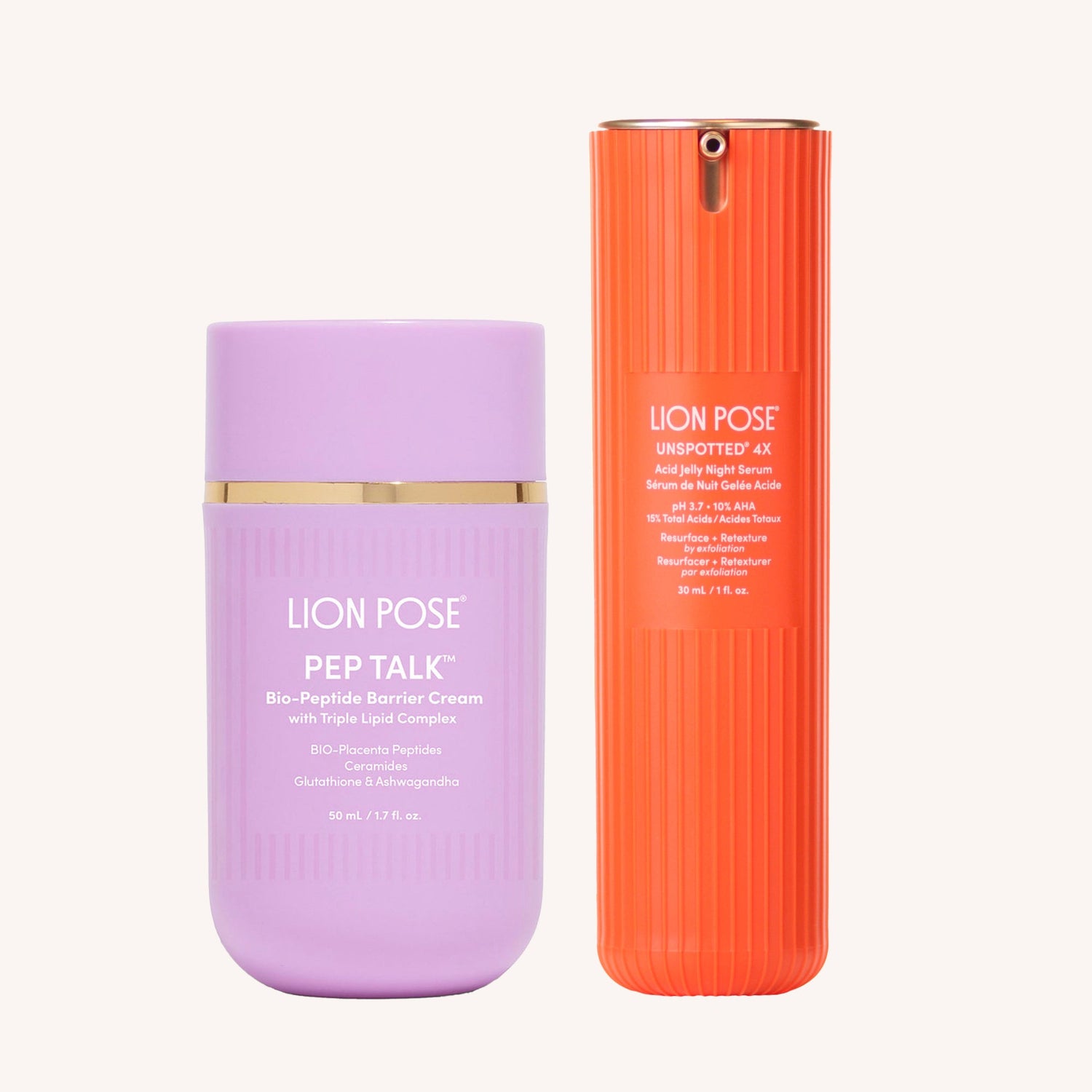 Facial serum and barrier cream duo: orange bottle and purple jar with gold caps