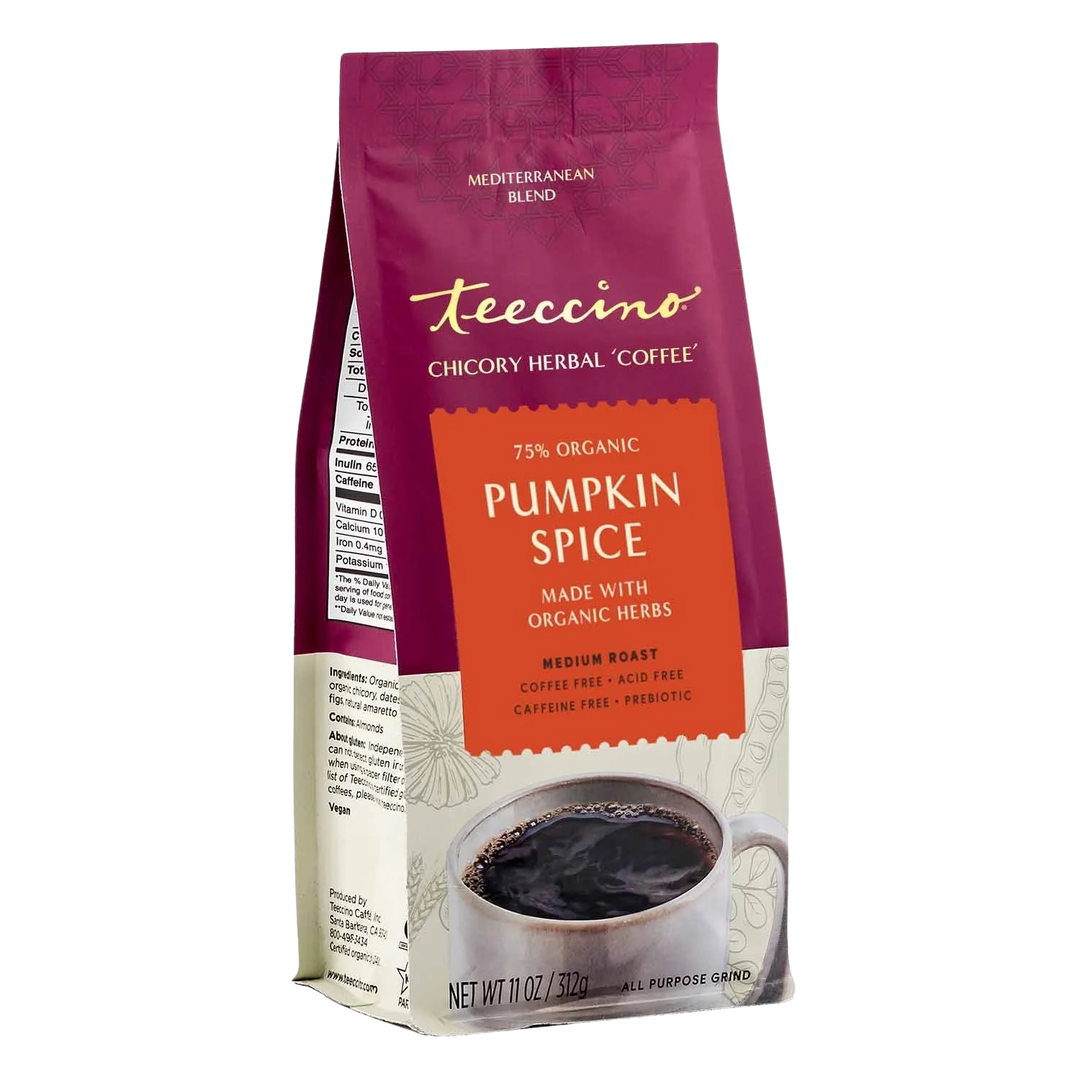 Teecino Pumpkin Spice chicory herbal coffee pouch, medium roast, all-purpose grind