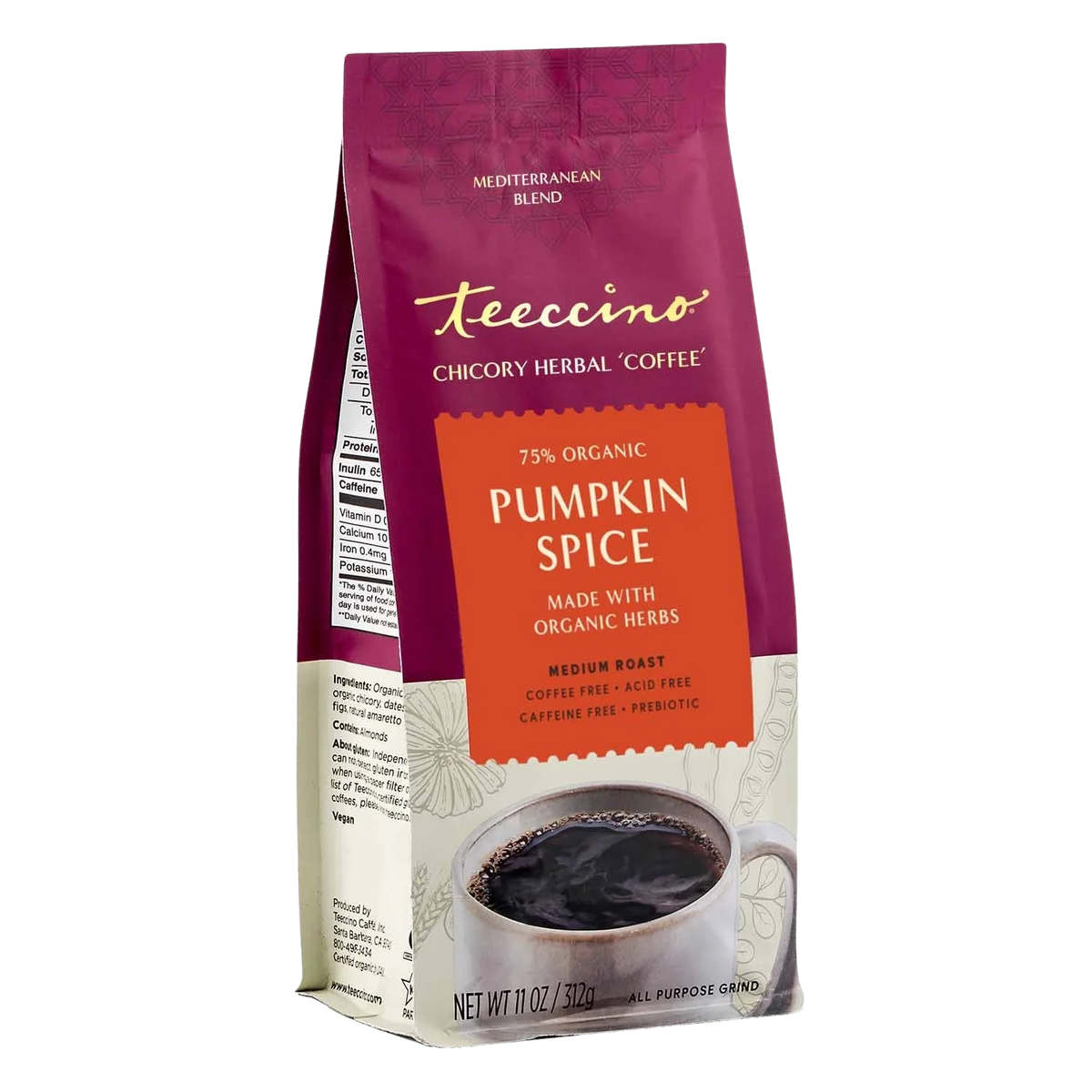 Teecino Pumpkin Spice chicory herbal coffee pouch, medium roast, all-purpose grind