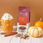 Teecino Pumpkin Spice herbal coffee pouch with pumpkin spice drink, pumpkin, and cinnamon