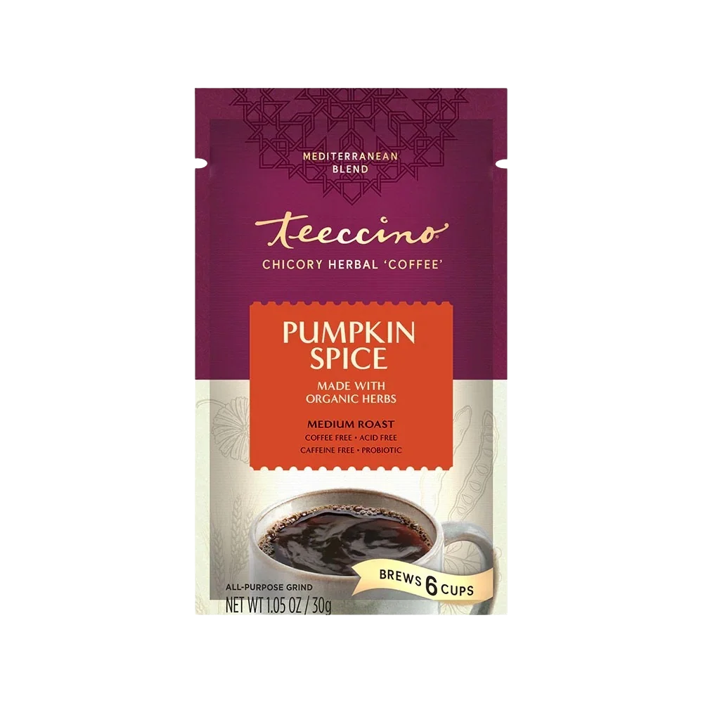 Teecino Pumpkin Spice chicory herbal coffee pouch, made with organic herbs, brews 6 cups