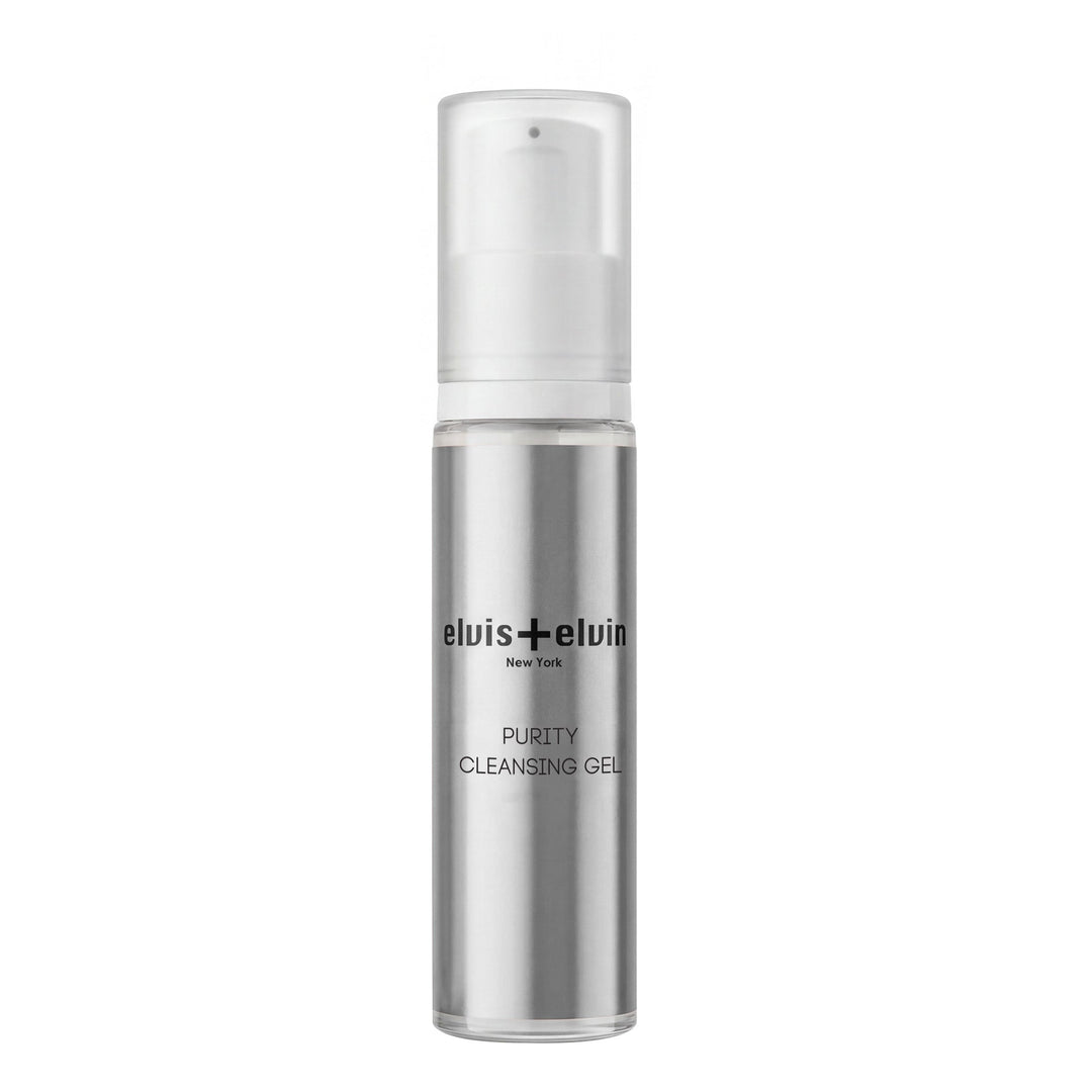 Elvis+Elvin Purity Cleansing Gel clear-silver bottle with pump dispenser