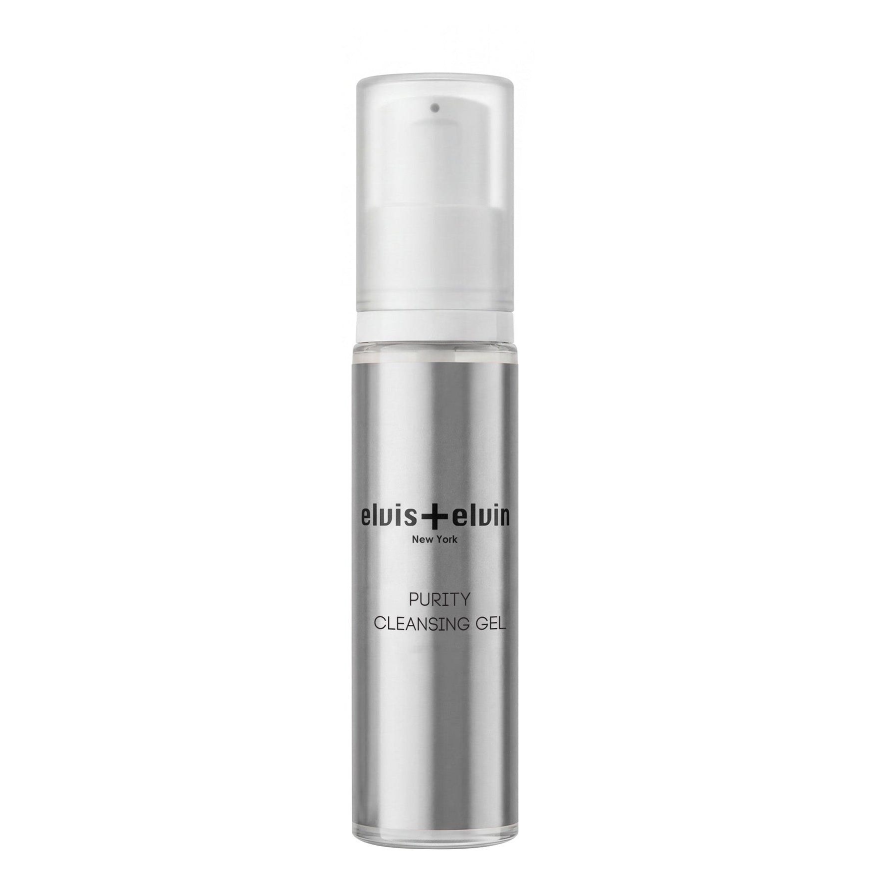 Elvis+Elvin Purity Cleansing Gel clear-silver bottle with pump dispenser