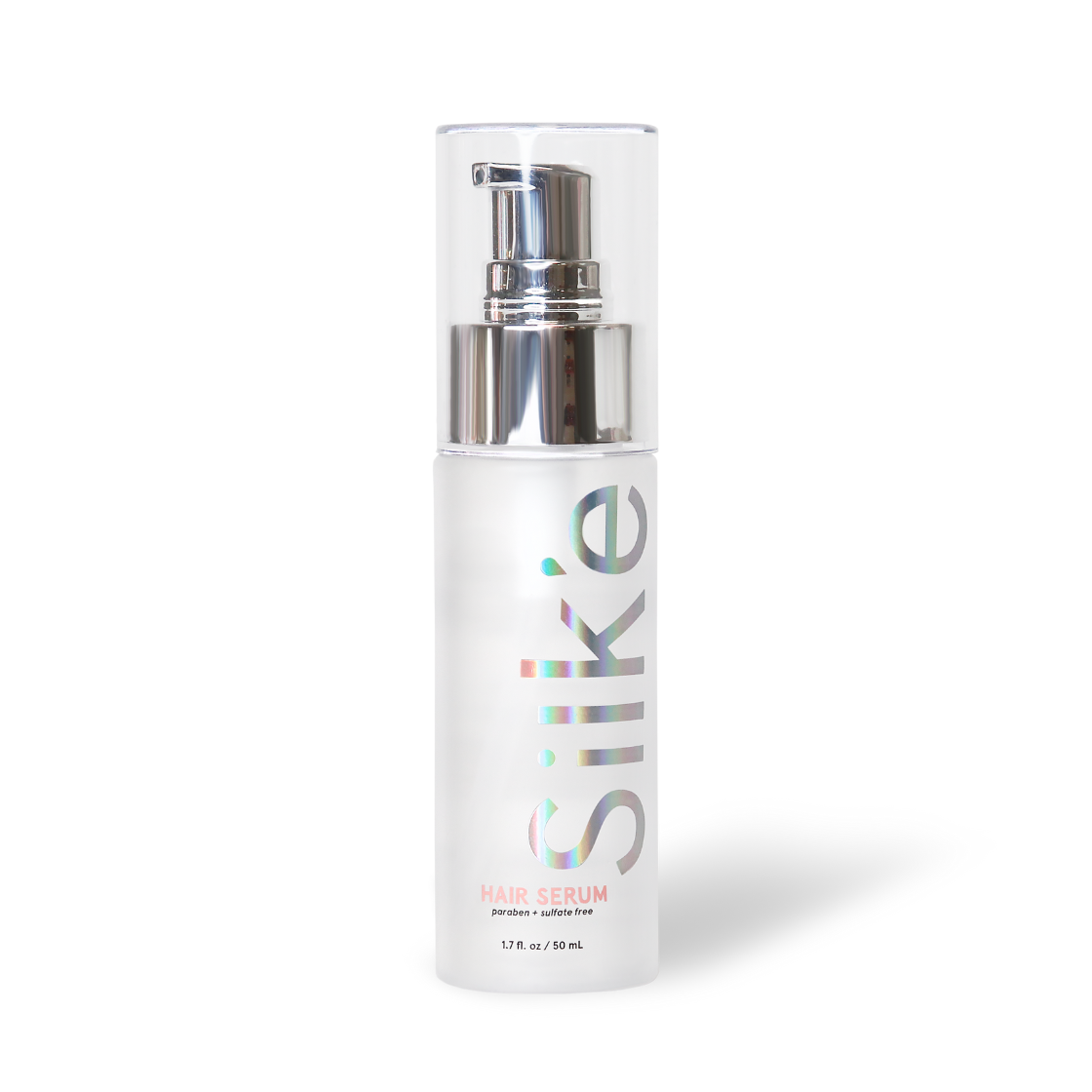 Hair repair serum bottle with frosted white body, chrome pump, holographic label.