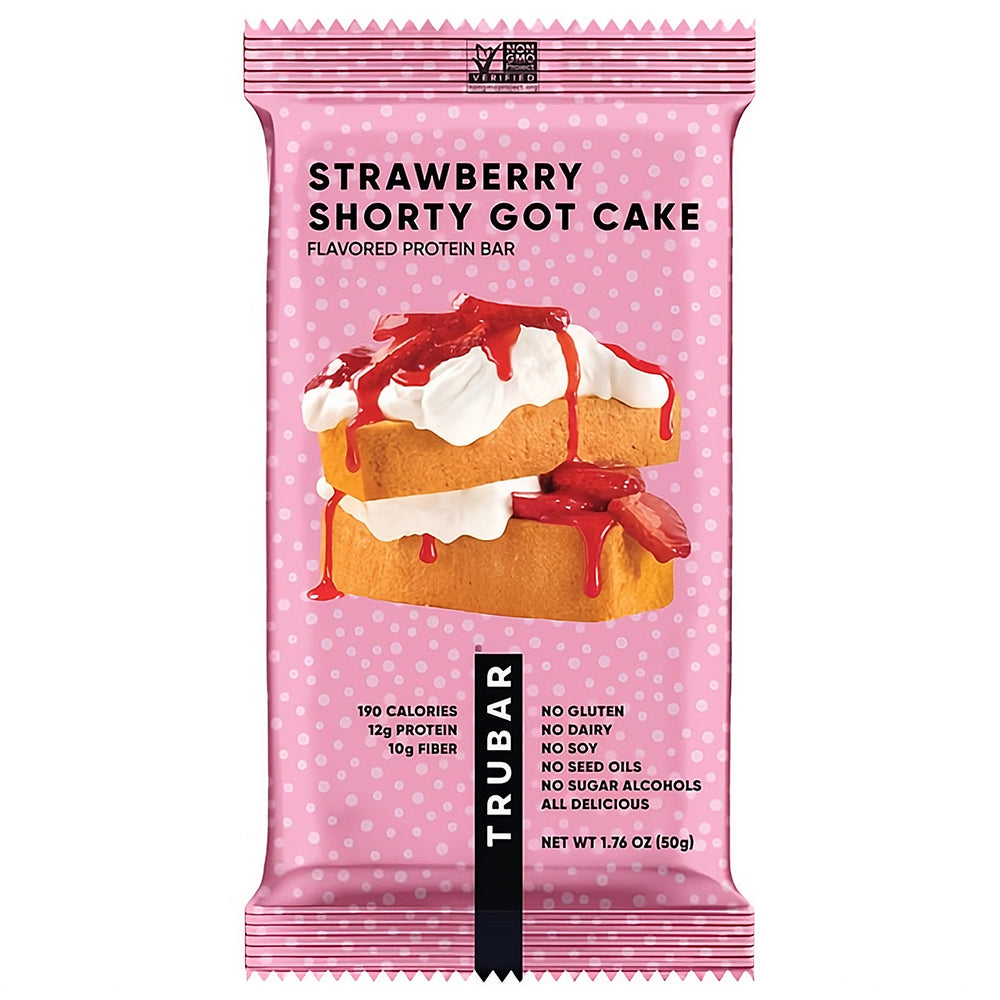 Strawberry Shorty Got Cake flavored protein bar package, pink with cake and strawberry graphic