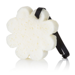White flower-shaped body wash buffer sponge with black ribbon