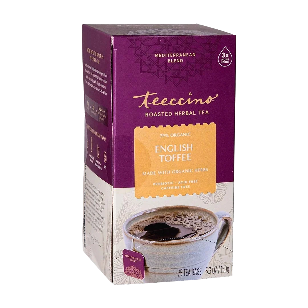 Roasted herbal tea box back, Mediterranean blend, English toffee, 25 tea bags