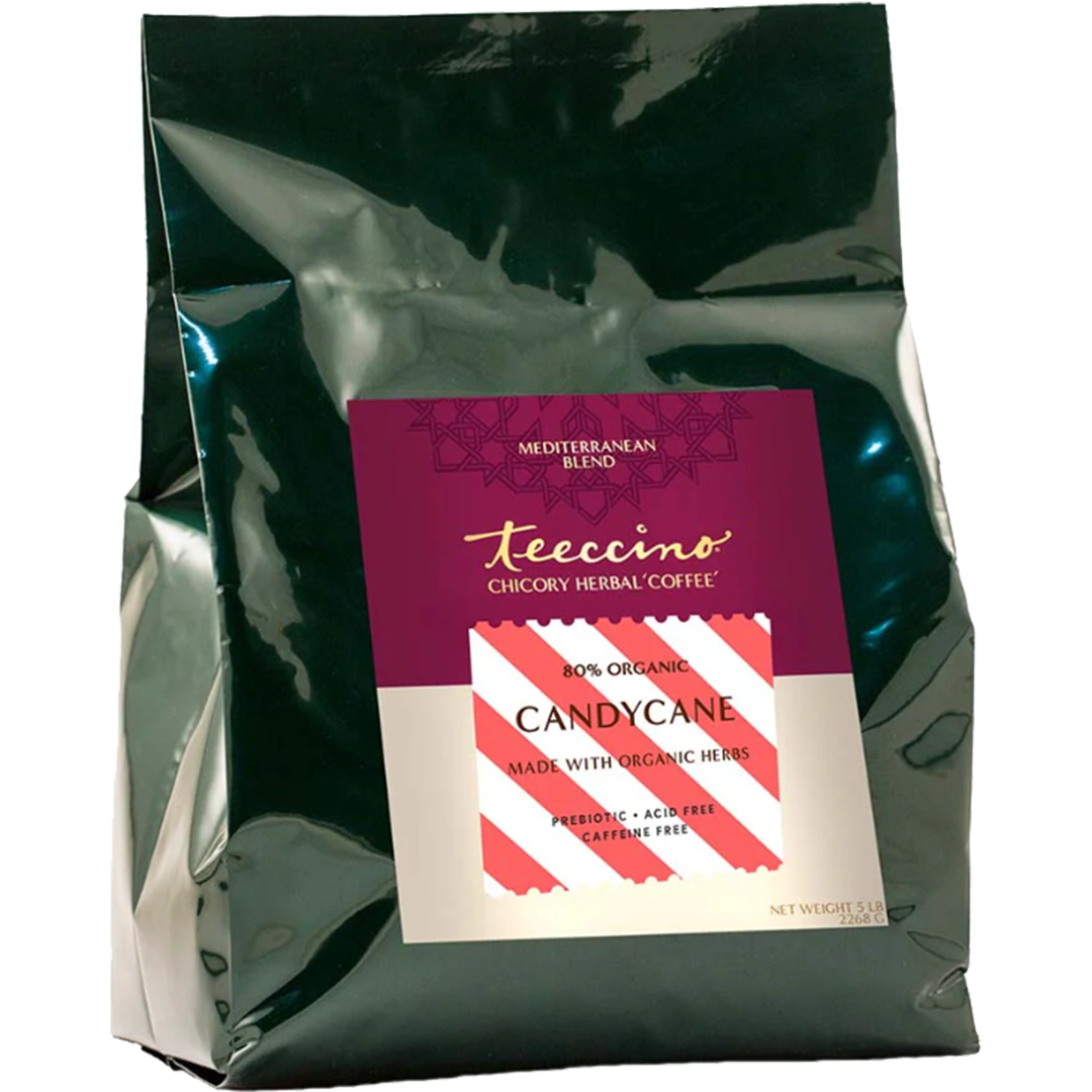 Chicory herbal coffee bag in dark foil with maroon label and red striped candycane panel